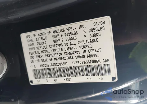 2008 Honda Accord Exl z USA, uszkodzony, nr VIN 1HGCS21828A005361